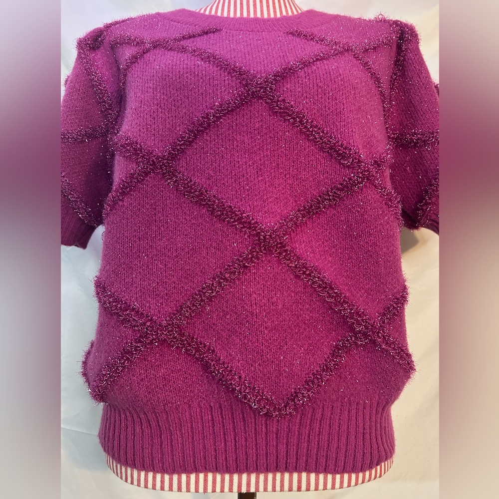 Ces Femme Pink Fuzzy Sparkly Knit Sweater Short Puff Sleeves Size Large - Picture 3 of 8